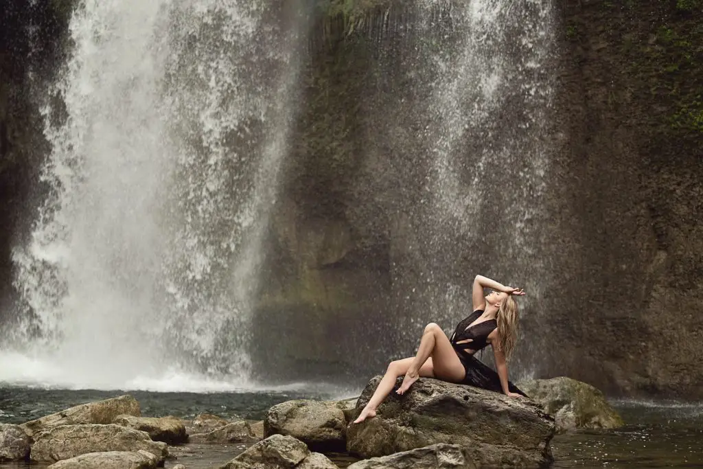 Girl posing in front of a waterfall, CNY, Finger Lakes Region, Outdoor Boudoir